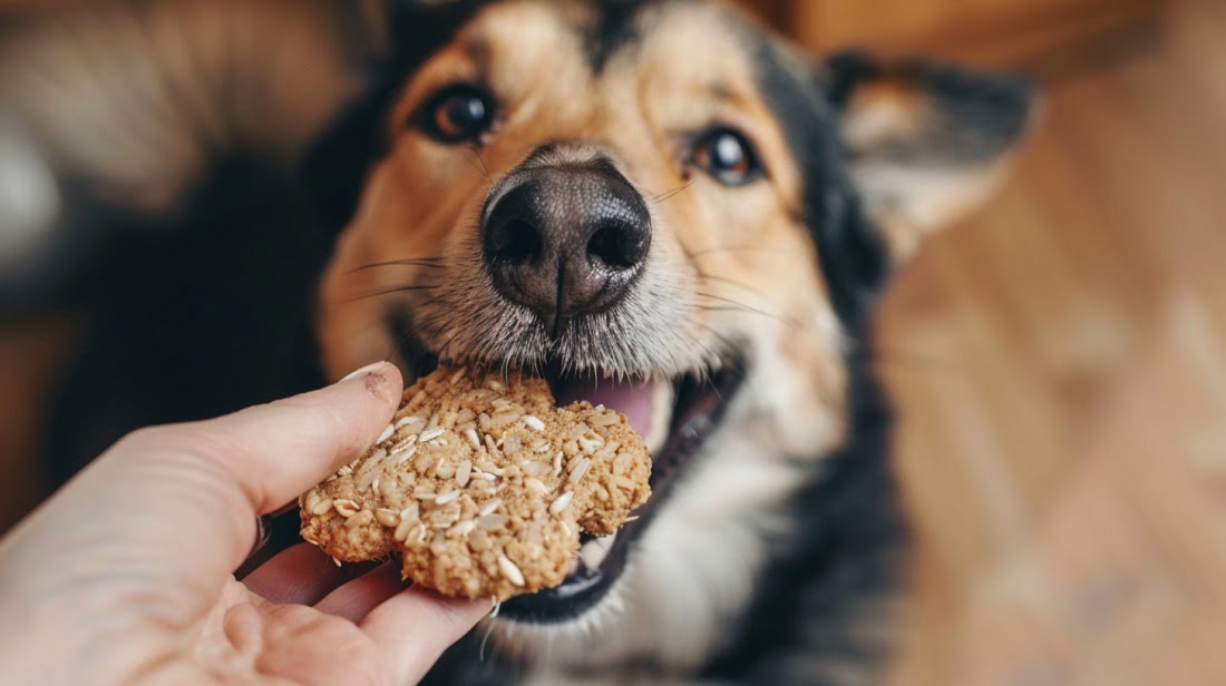 A happy dog munching on a homemade brown rice dog treat