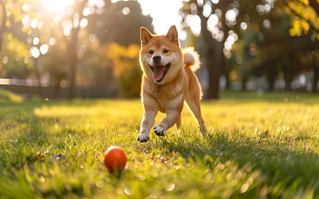 A healthy Shikoku dog playing fetch in a park, showcasing their vitality