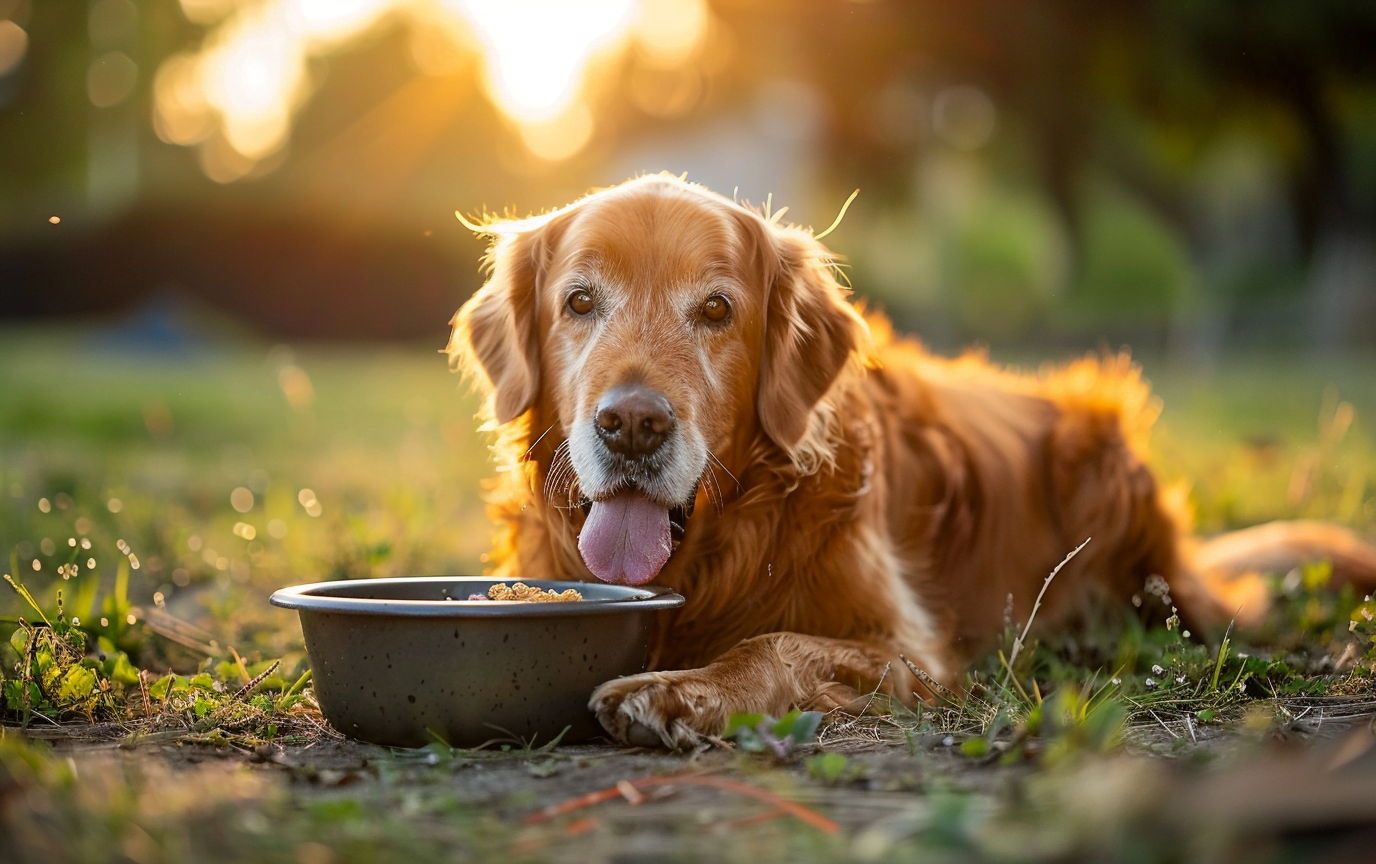 A heartwarming photo of a happy, healthy diabetic dog enjoying a meal from a bowl