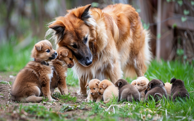A heartwarming photo of a mother dog interacting with her puppies