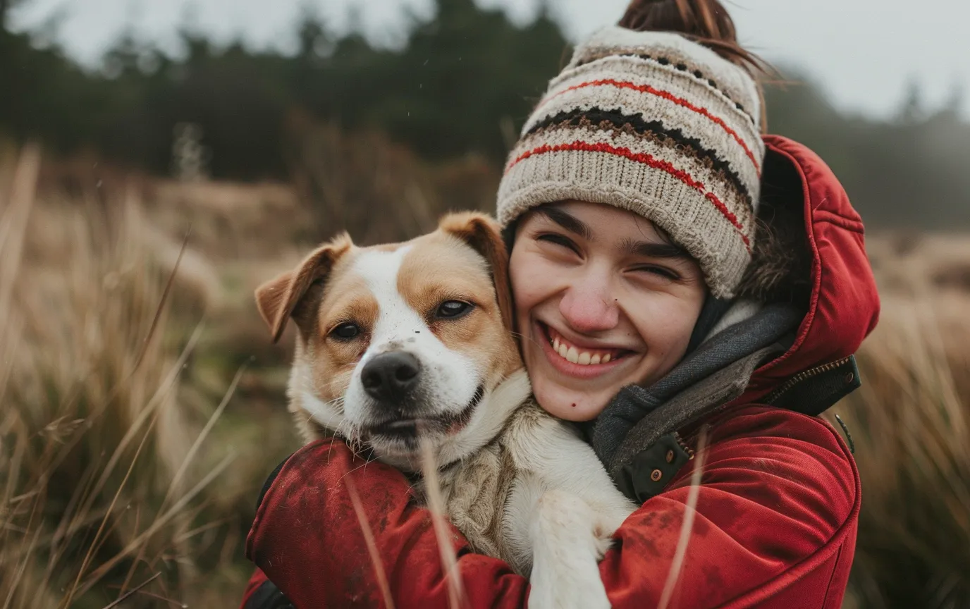 illustration: A heartwarming photo of a person hugging their dog, both with joyful expressions
