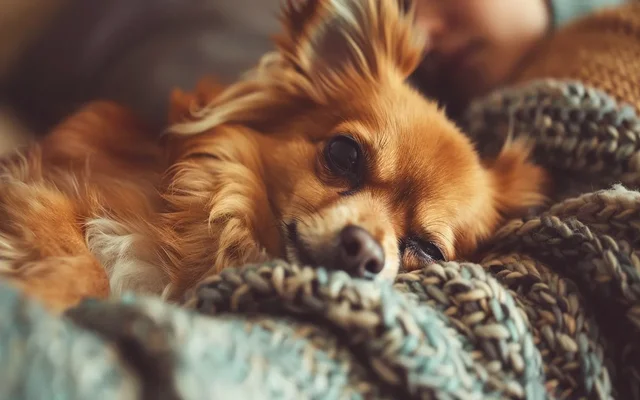 A heartwarming photo of a small dog snuggled up with its owner, both looking content and relaxed