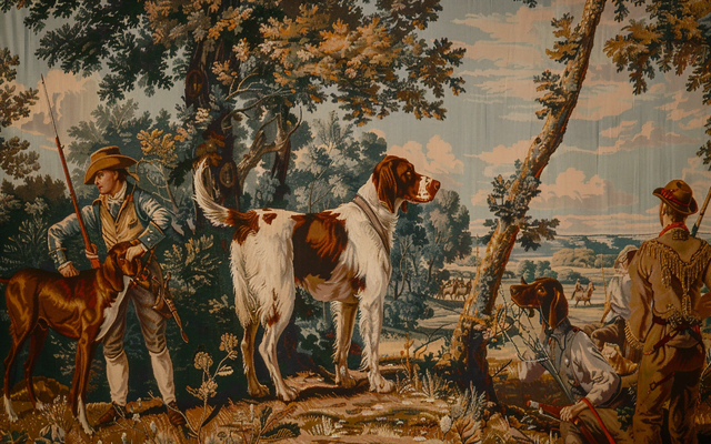 A historic tapestry painting featuring a Brittany Spaniel with hunters.