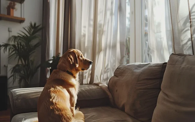 A living room with closed curtains and a dog looking out the window