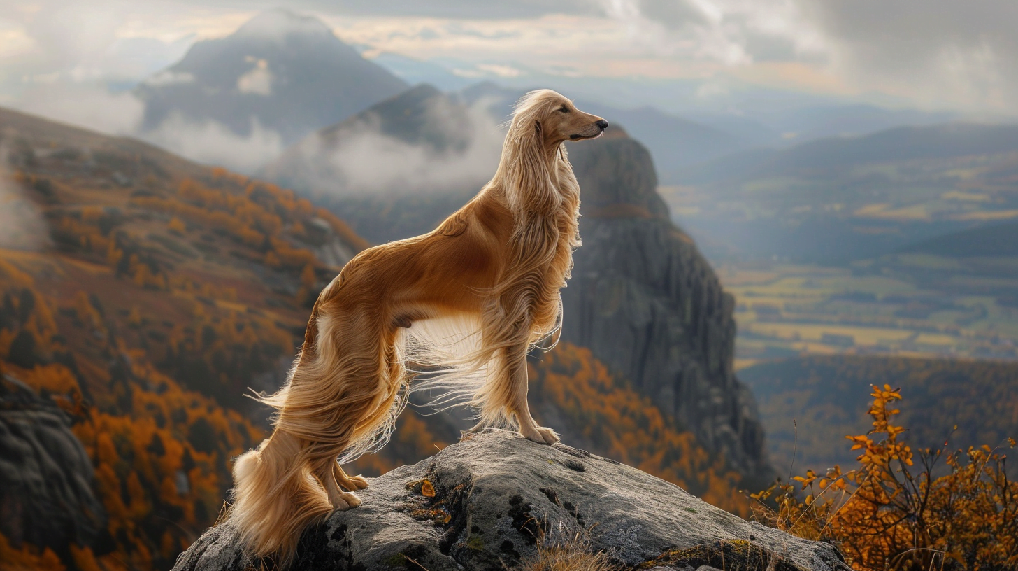 A majestic Afghan Hound with flowing coat, standing tall on a rocky outcrop with a dramatic landscape behind