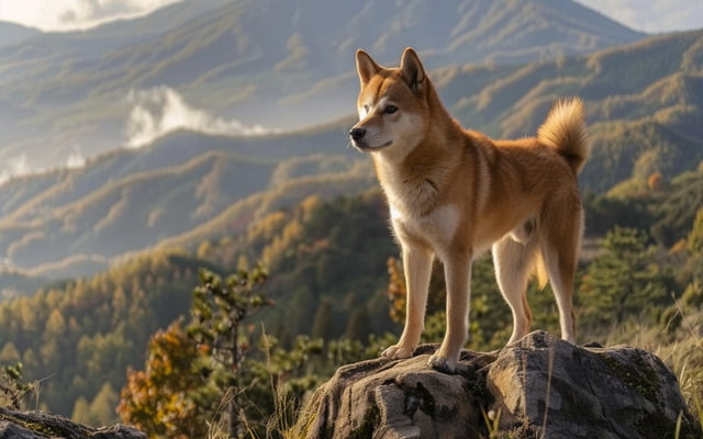 A majestic Shikoku dog standing alert in a mountainous landscape, showcasing its wolf-like features