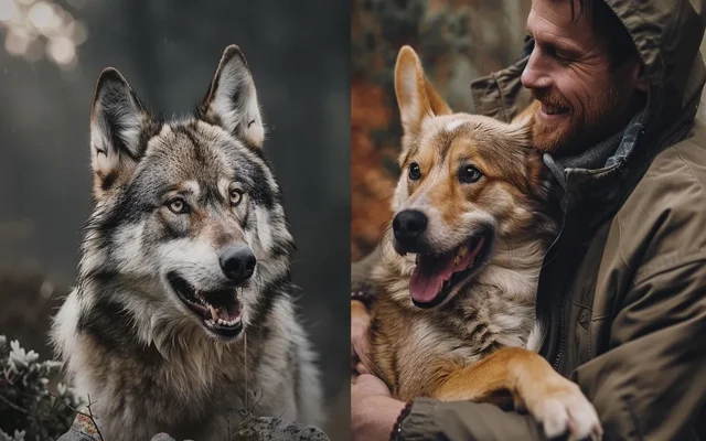 A majestic wolf in the wild on one side and a happy dog playing with a human on the other