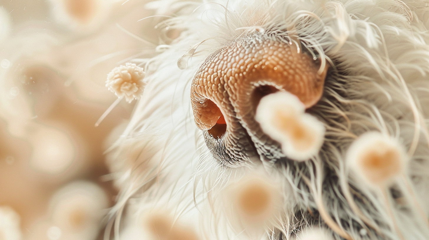 A microscopic view of dog allergens, including dander and saliva