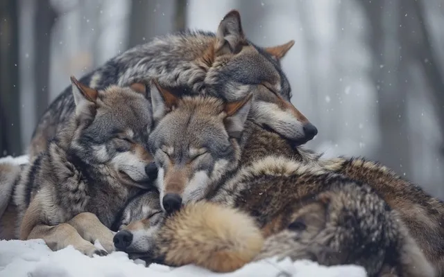 A pack of wolves embracing each other
