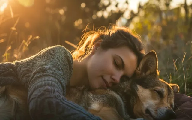 A person and a dog are taking a peaceful nap together in a sunny place