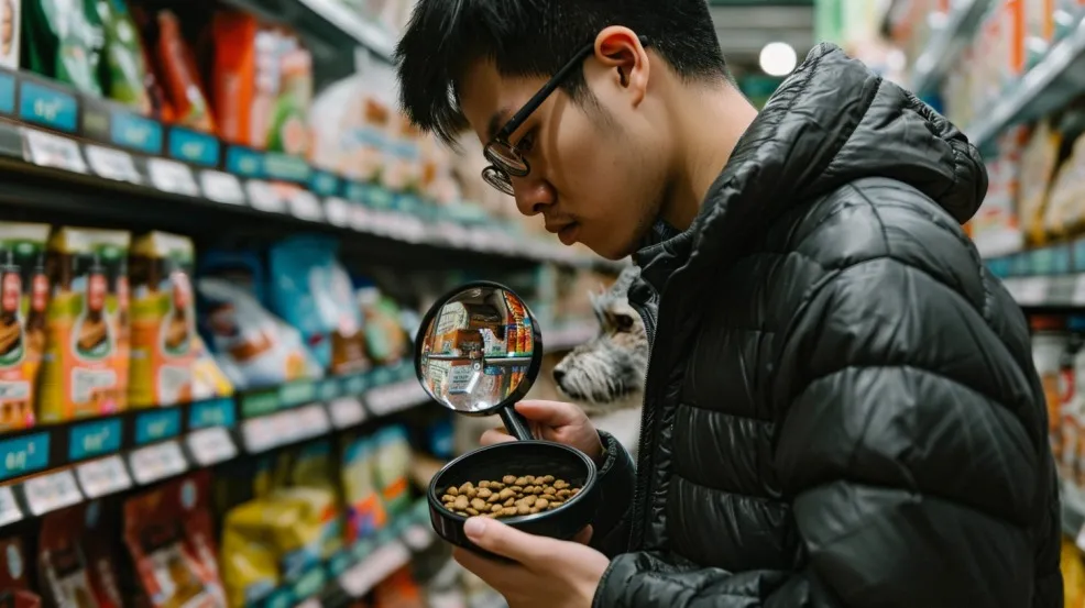 A person looks closely at dog food