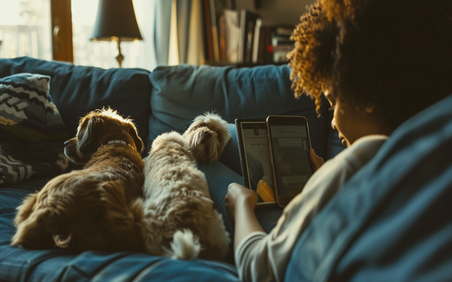 A person sitting on a couch with two dogs, using a training app on a tablet
