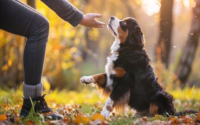 A person training a Bernese Mountain Dog using positive reinforcement methods