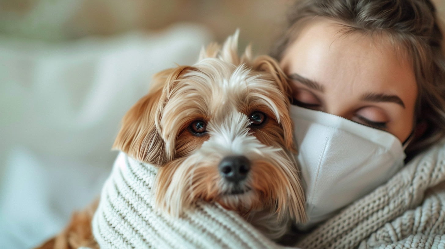 A person with allergies cuddling a hypoallergenic dog
