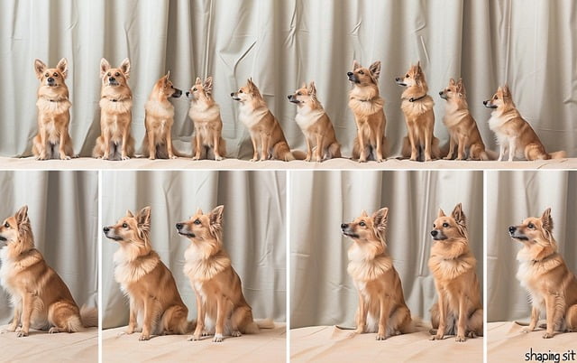 A photo collage demonstrating the shaping process for teaching sit with a series of images showing the gradual progress of the dog towards this behavior