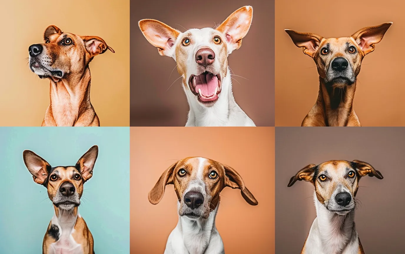 illustration: A photo collage showing various dog body language cues ear positions, mouth positions, paw movements, and overall body tension