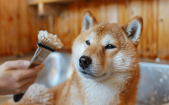 A photo of a Shiba Inu getting brushed, showcasing the proper grooming tools and techniques