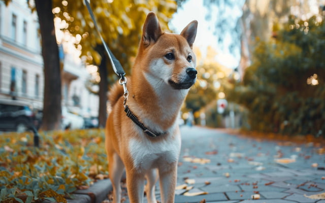 A photo of a Shiba Inu on a leash, exploring a city park or urban setting