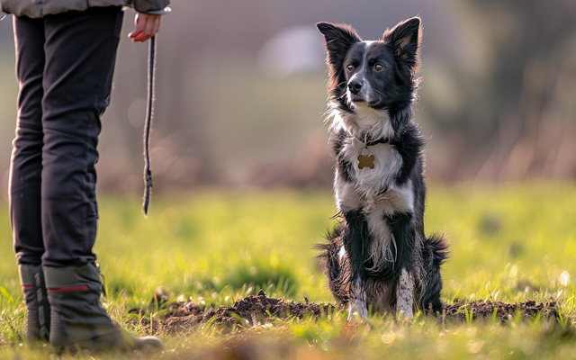 A photo of a dog attentively focused on their owner during a training session