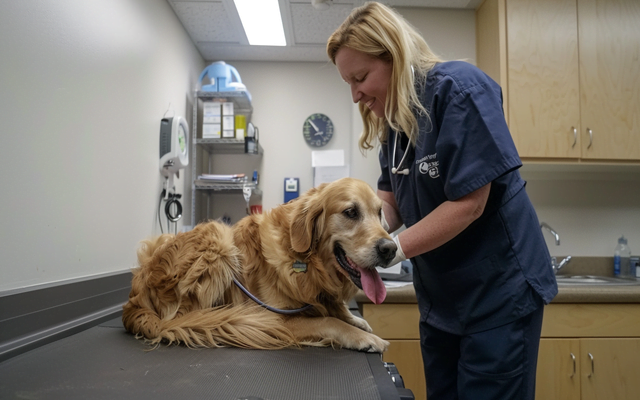 A photo of a dog getting a check up at the vet