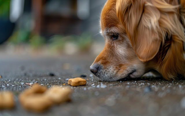 illustration: A photo of a dog looking longingly at a treat on the ground, but not touching it
