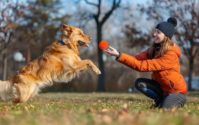 illustration: A photo of a dog owner redirecting an excited dog's attention with a toy
