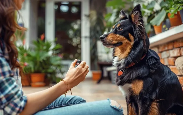 illustration: A photo of a dog owner using a clicker to train a dog in a calm, distraction-free environment