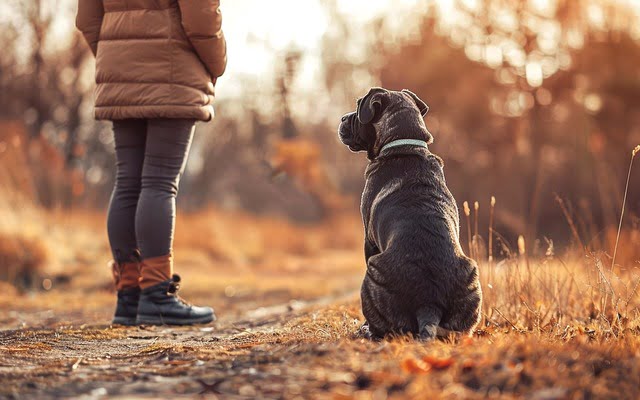 illustration: A photo of a dog patiently waiting at a distance from their owner, holding a "stay"