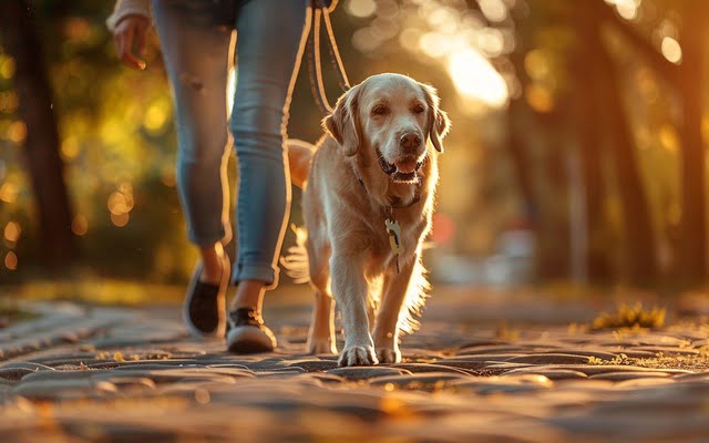 illustration: A photo of a dog walking calmly at their owner's side, with a loose leash