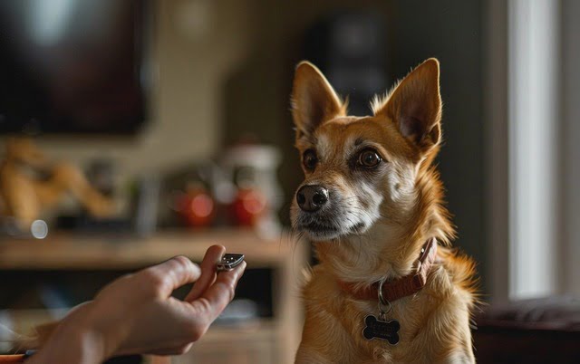 illustration: A photo of a person holding a clicker in their hand, with a dog attentively waiting.