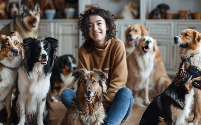 A photo of a person sitting on the floor surrounded by dogs of different breeds, sizes, and ages, with a look of pure joy on their face