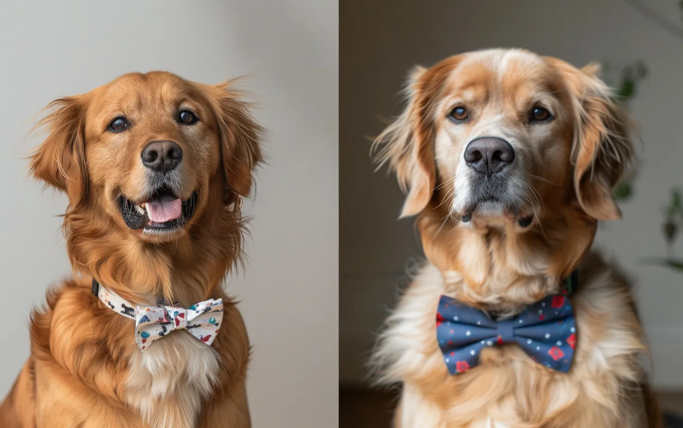 illustration: A photo of a relaxed dog standing with a neutral posture, alongside a photo of a dog in a playful bow_result