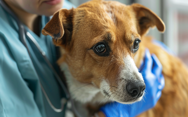 A photo of a veterinarian carefully examining a dog's docked tail or cropped ear, highlighting the potential need for medical attention.