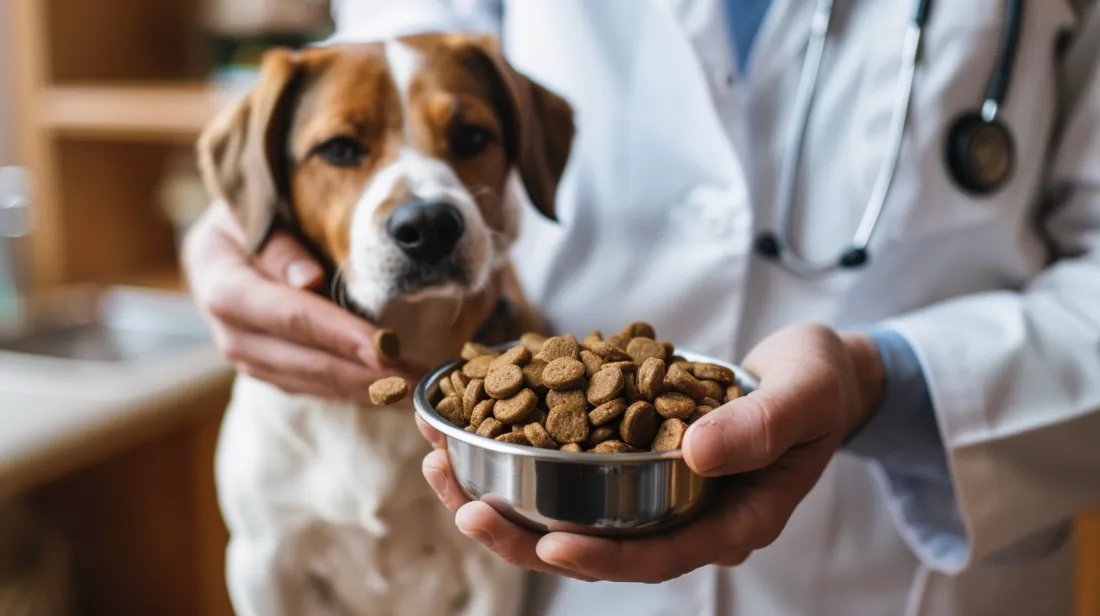 A photo of a veterinarian reading a dog food label