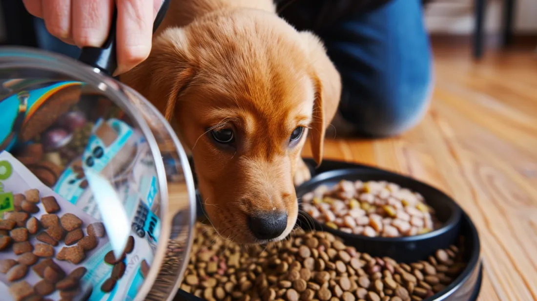 A photo of someone examining a puppy food label with a magnifying glass could be a fun visual here