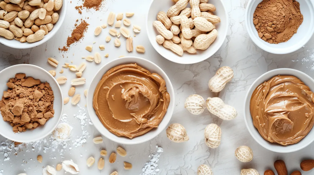 A photo of various types of peanut butter- creamy, crunchy, natural, and processed