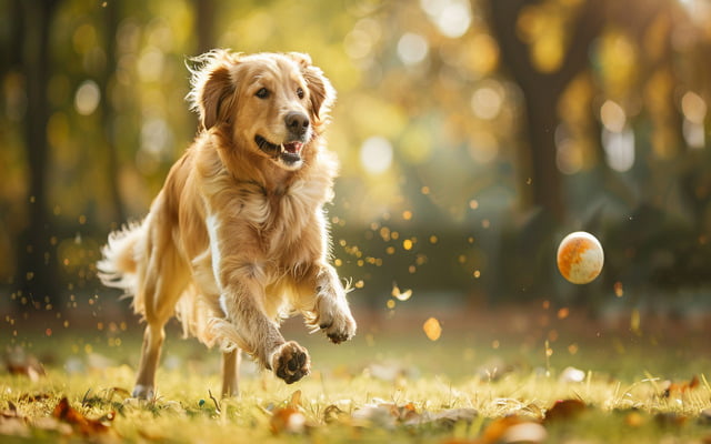 A playful Akita Golden Retriever fetching a ball or frisbee