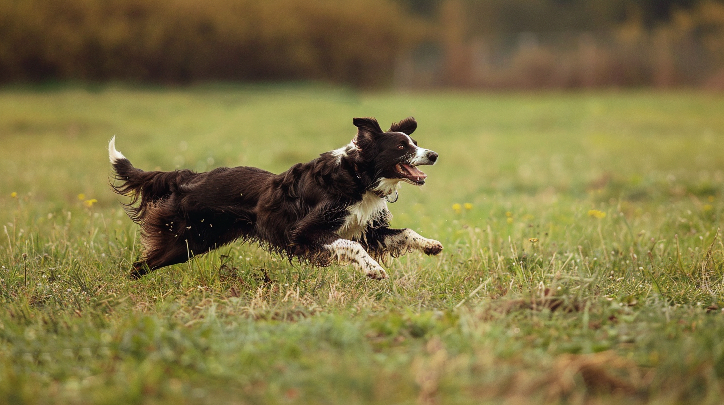 A playful Border Collie running through a field
