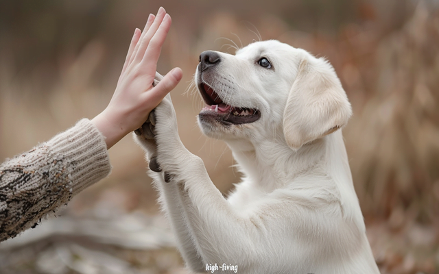 A playful Labrador pup "high-fiving" their owner.
