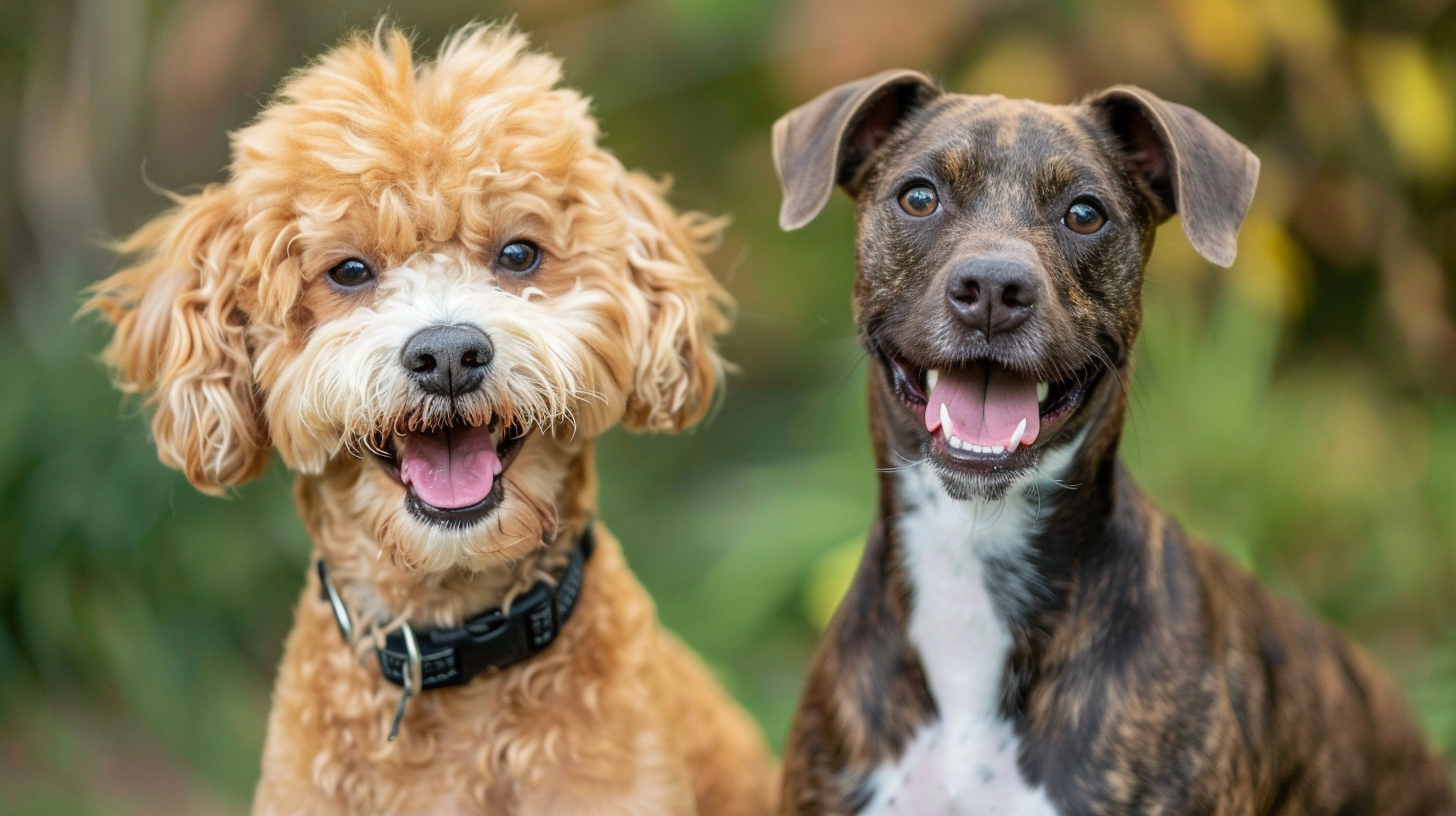 A playful Poodle mix alongside a rescued mixed-breed dog, both with happy expressions