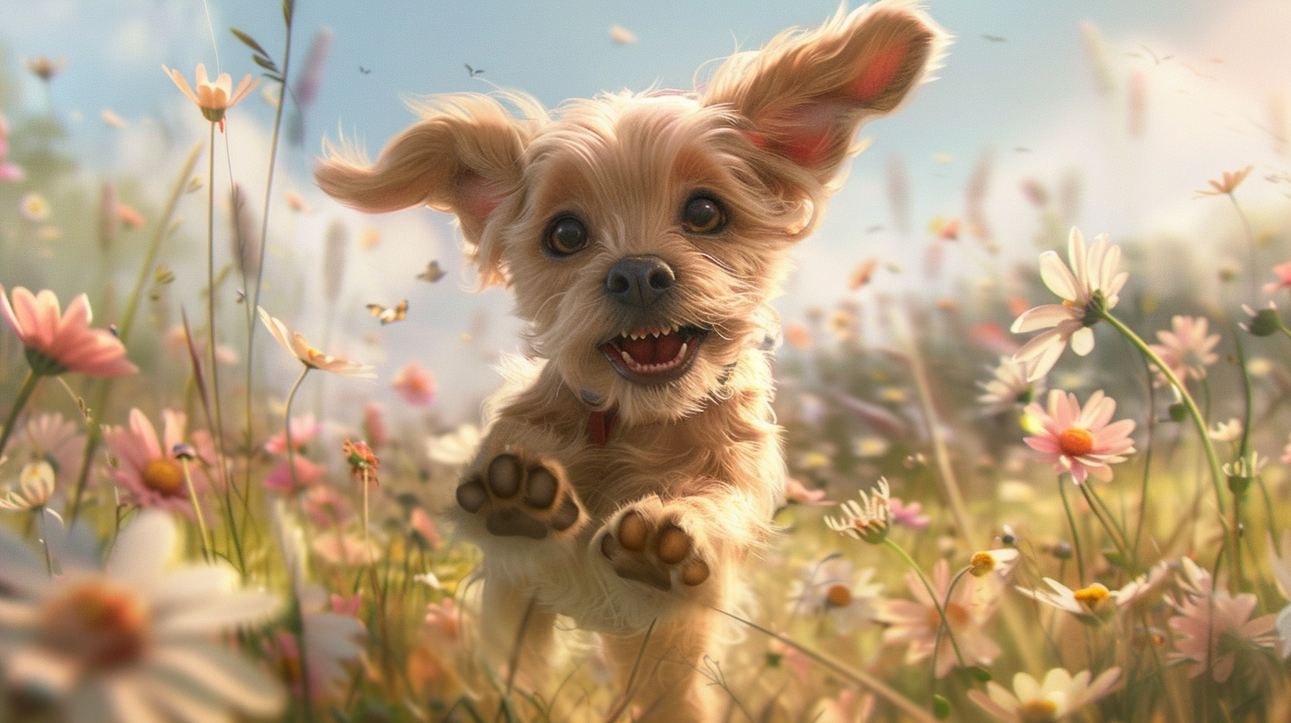 A playful Poogle puppy with floppy ears and a curly tail, running through a field of flowers