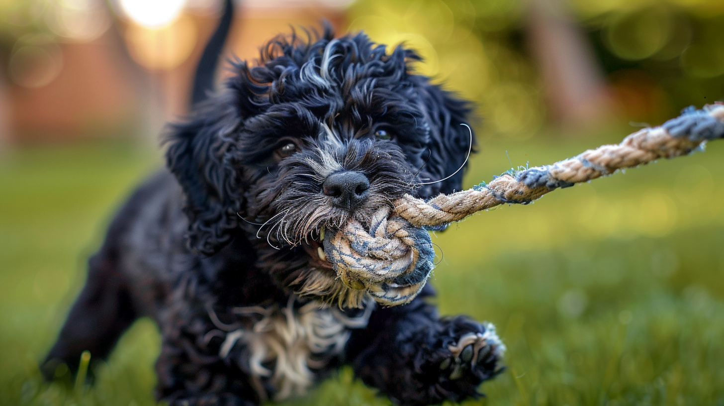 A playful Portuguese Water Dog puppy tugging on a rope toy