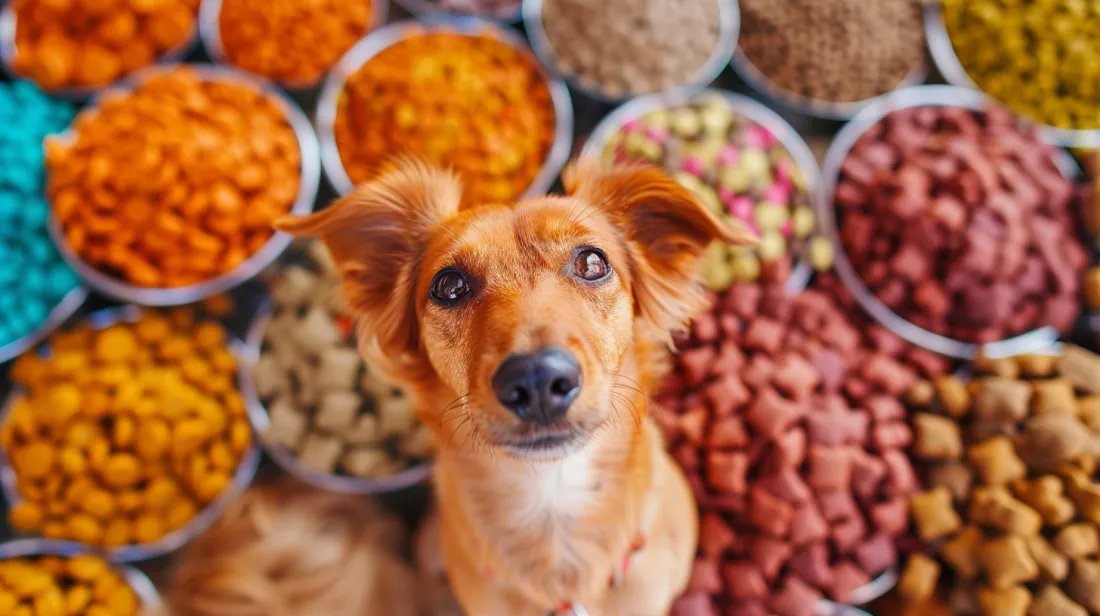 A playful dog looking inquisitively at a variety of dog food options