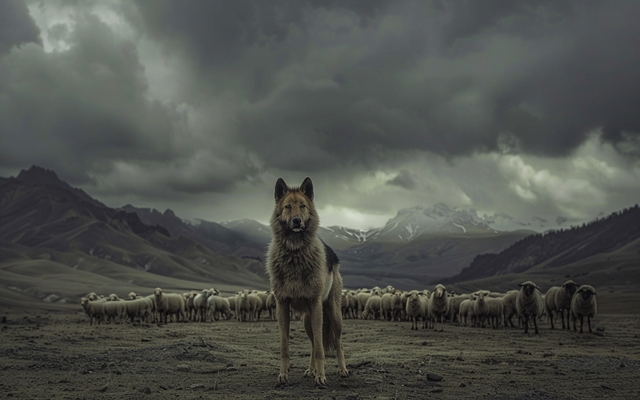A powerful female Anatolian Shepherd standing at attention near a flock of sheep in a dramatic landscape