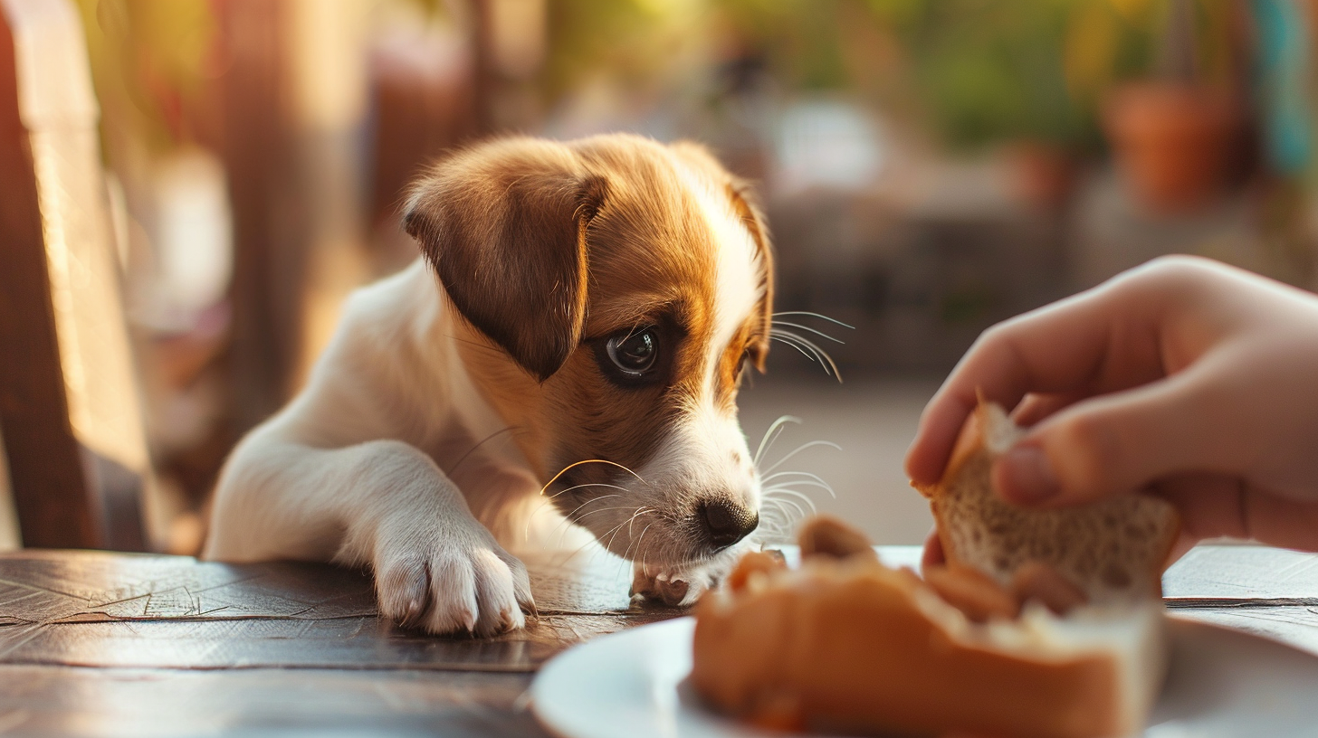 A puppy looking longingly at a human eating a sandwich