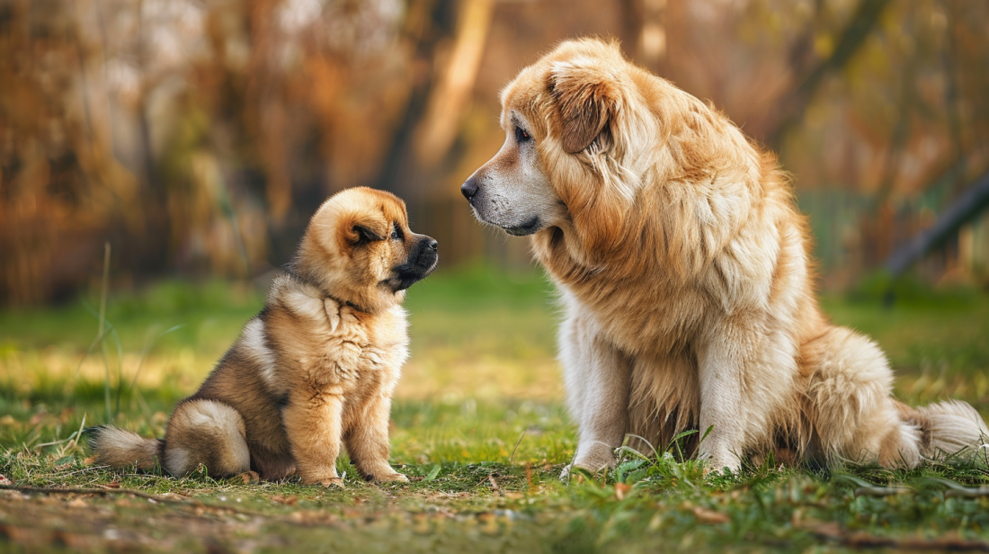 A puppy next to an adult dog of the same breed