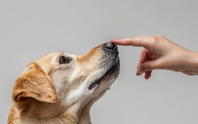 illustration: A series of photos showing the steps of hand targeting, with the dog sniffing the hand, touching the hand, and the owner clicking and treating.