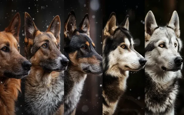 A side-by-side comparison of different dog breeds, showcasing their diverse appearances compared to a wolf