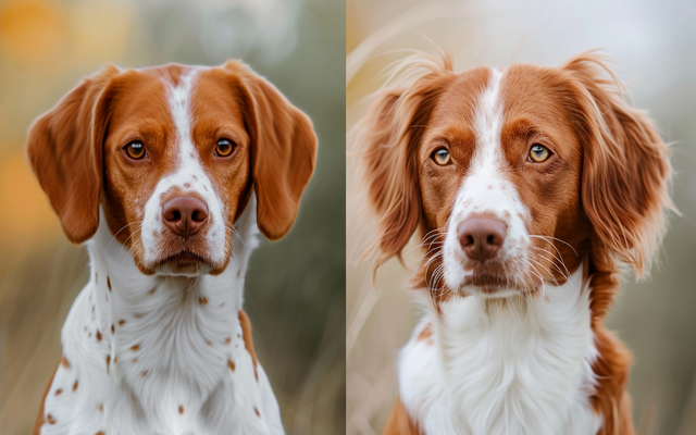A side-by-side photo comparison of an orange and white Brittany Spaniel and a liver and white Brittany Spaniel.