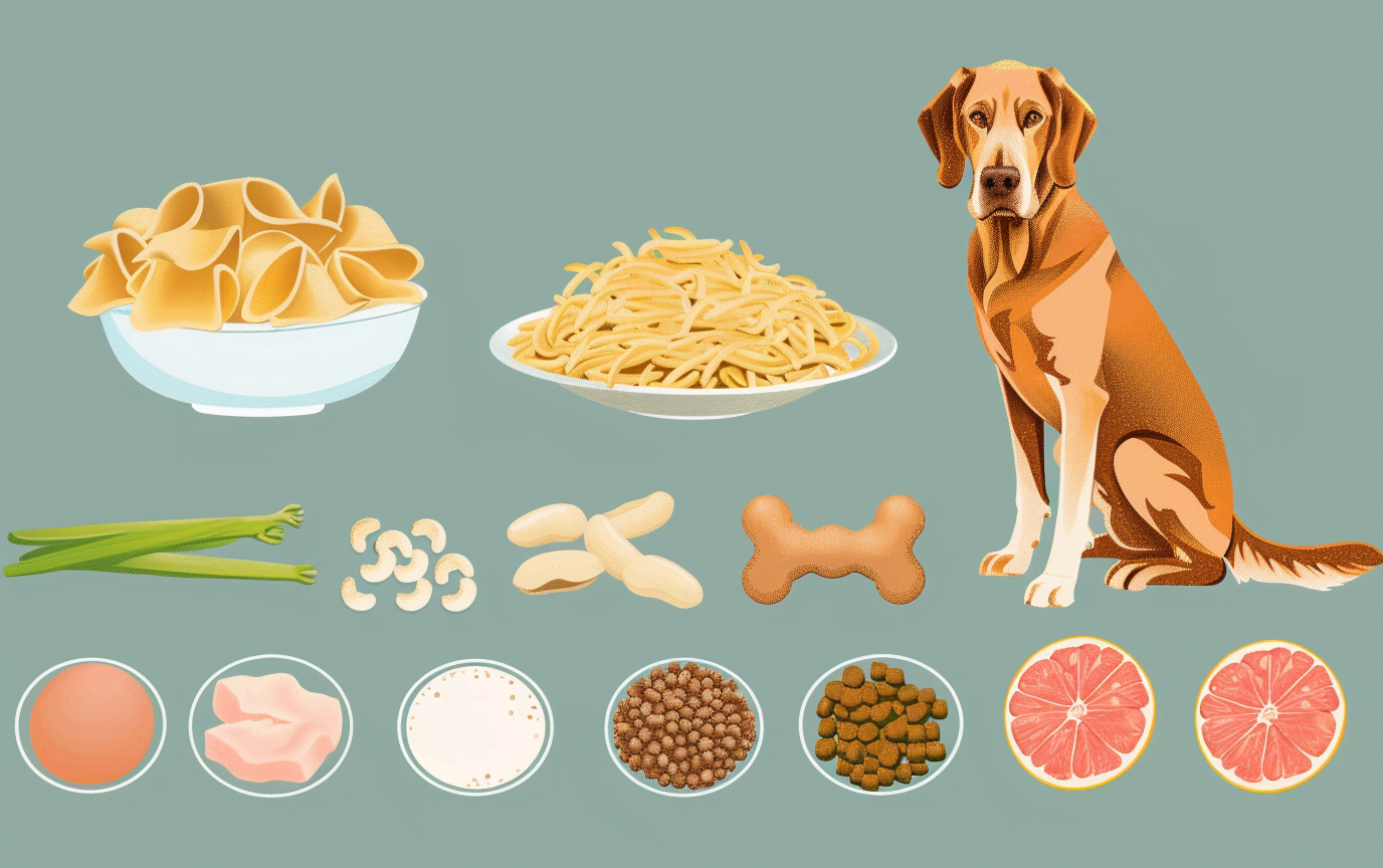 A simple infographic illustrating the glycemic index concept, showing examples of low-GI and high-GI foods for dogs